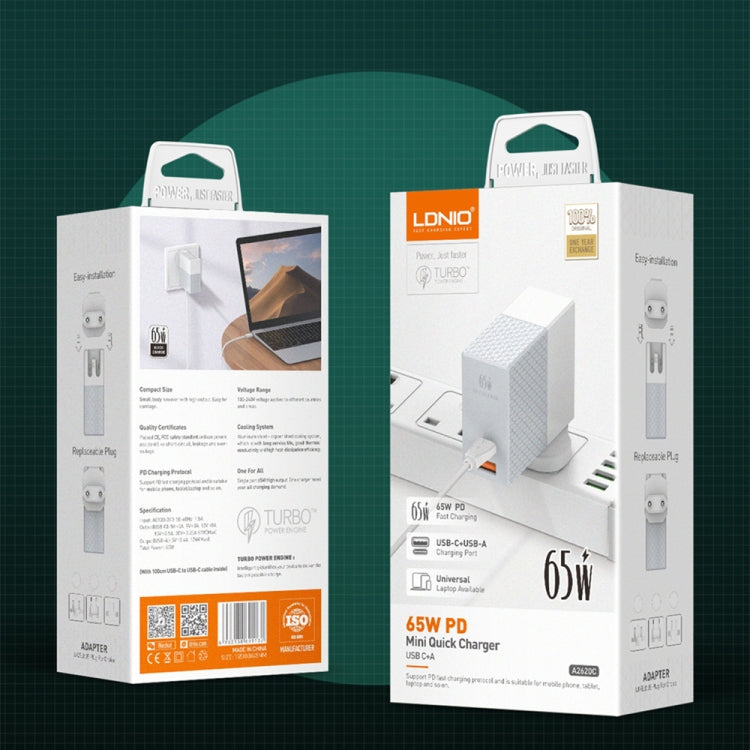 LDNIO A2620C 65W 通用手機平板充電器 Type-C/USB-C 埠快速充電器，65W 歐規插頭，65W 英規插頭，65W 美規插頭