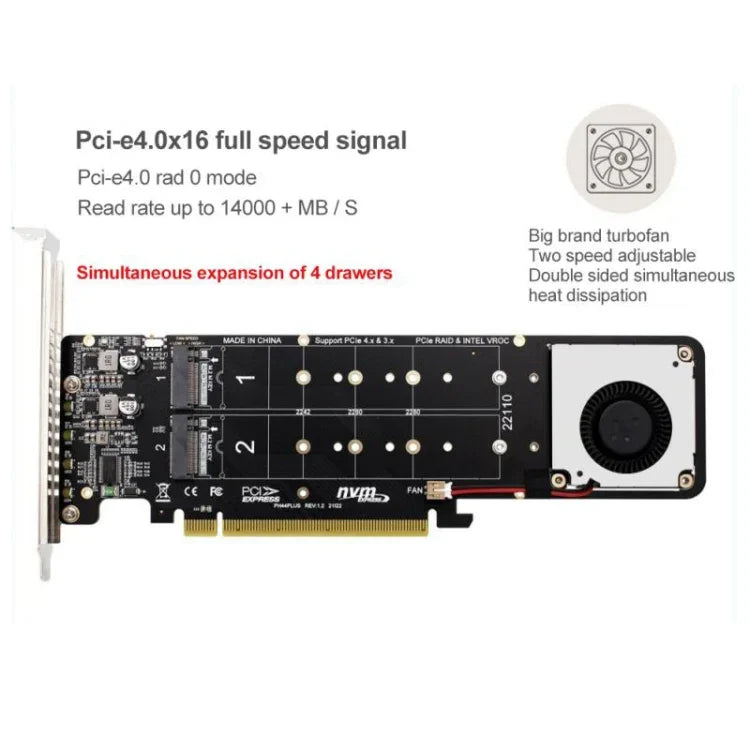 PCI-E X16 轉 M.2 M-key NVME X4 SSD RAID 陣列擴充轉接器 支援 2242/2260/2280/22110，PH44Plus