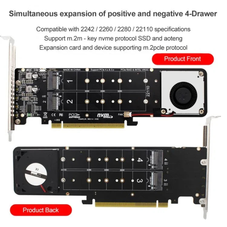 PCI-E X16 轉 M.2 M-key NVME X4 SSD RAID 陣列擴充轉接器 支援 2242/2260/2280/22110，PH44Plus