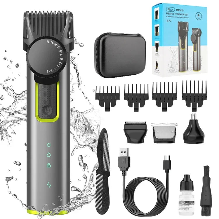 IPX5防水男士多功能理髮師4合1剃須鼻毛套裝USB充電推剪，677 4合1