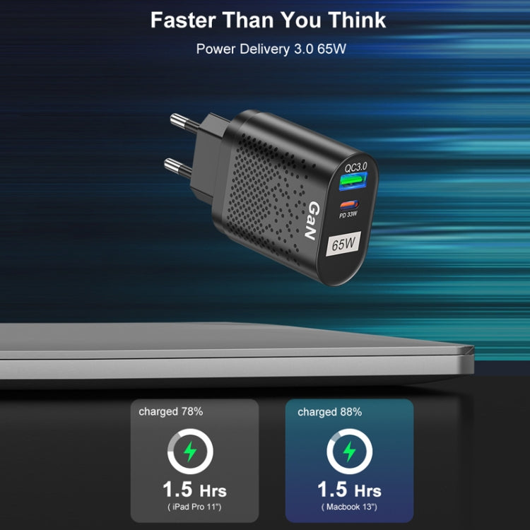 65W GaN 手機充電器 PD 快充 電腦充電器，黑色歐規插頭，黑色英規插頭，黑色美規插頭，黑色澳規插頭，黑色韓規插頭，白色歐規插頭，白色英規插頭，白色美規插頭，白色澳規插頭，白色韓規插頭