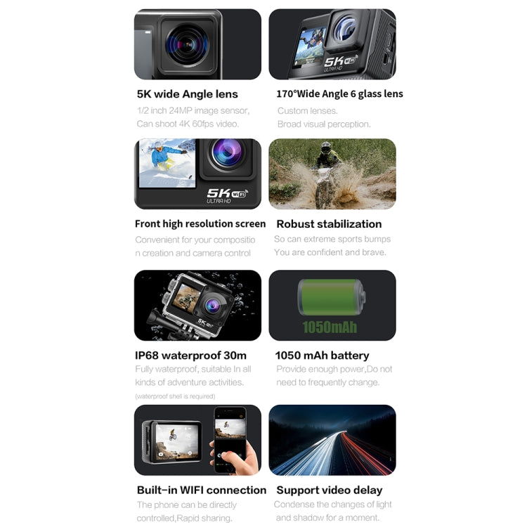 5K/30FPS WIFI HD 防抖遙控觸控雙屏 IP68 防水運動相機，5K，5K 相機 + 64G 記憶卡，5K 相機 + 128G 記憶卡
