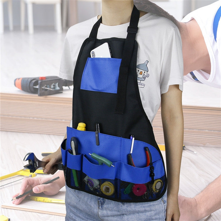 多口袋工具圍裙藍色園藝圍裙，黑+藍