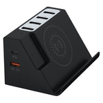 PD 20W + QC 3.0 無線充電 + 6埠多功能充電器，黑色