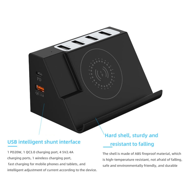 PD 20W + QC 3.0 無線充電 + 6埠多功能充電器，黑色