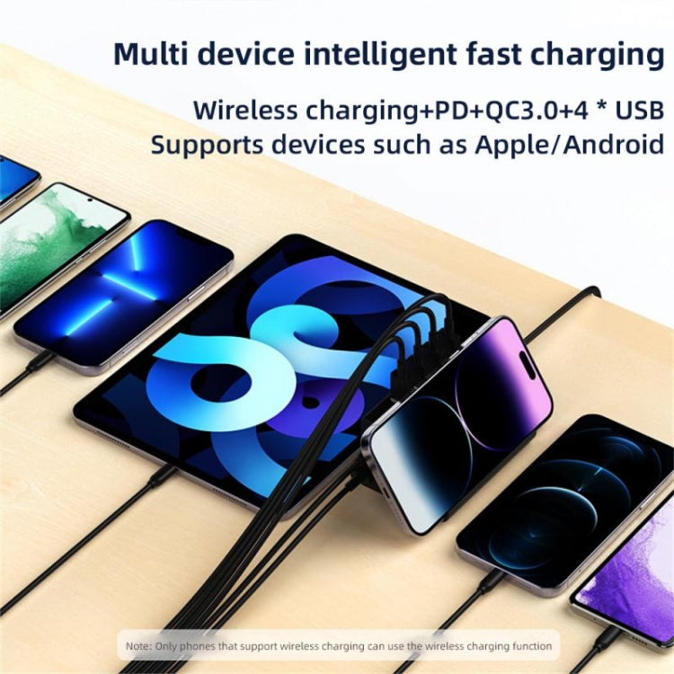 PD 20W + QC 3.0 無線充電 + 6埠多功能充電器，黑色