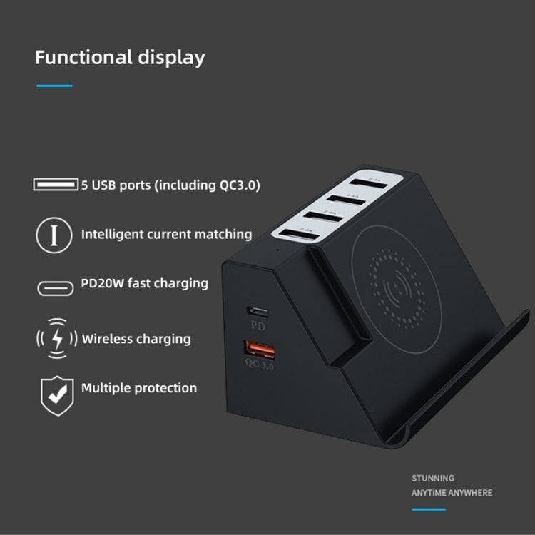 PD 20W + QC 3.0 無線充電 + 6埠多功能充電器，黑色