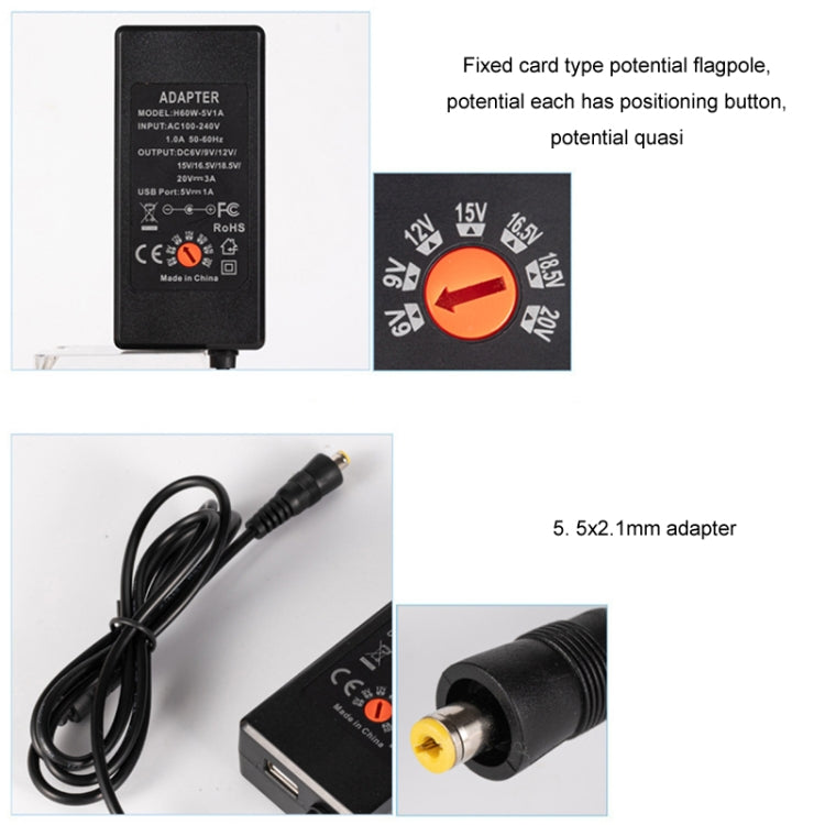 65W 6-20V 可調 3A 直流電源適配器充電器，美規插頭，歐規插頭，英規小插頭，澳規插頭，英規大插頭