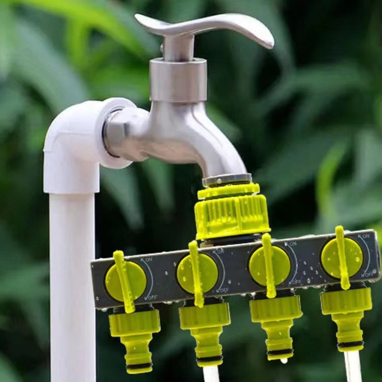 園藝草坪澆水歐規螺紋水龍頭一進四出閥門分流器，綠灰色