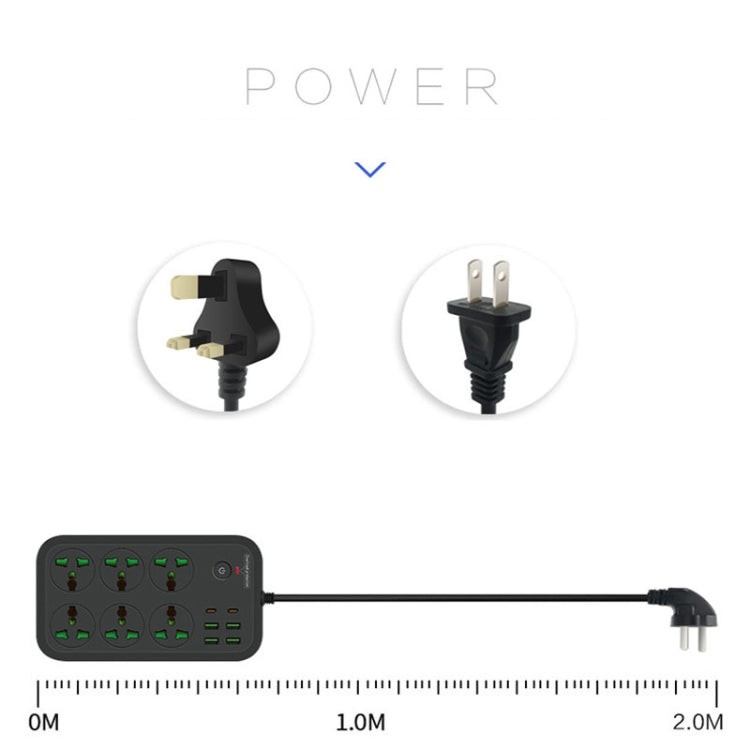 T24 2米3000W 6插座+PD+4 USB埠多功能阻燃插座帶開關，英規插頭，美規插頭