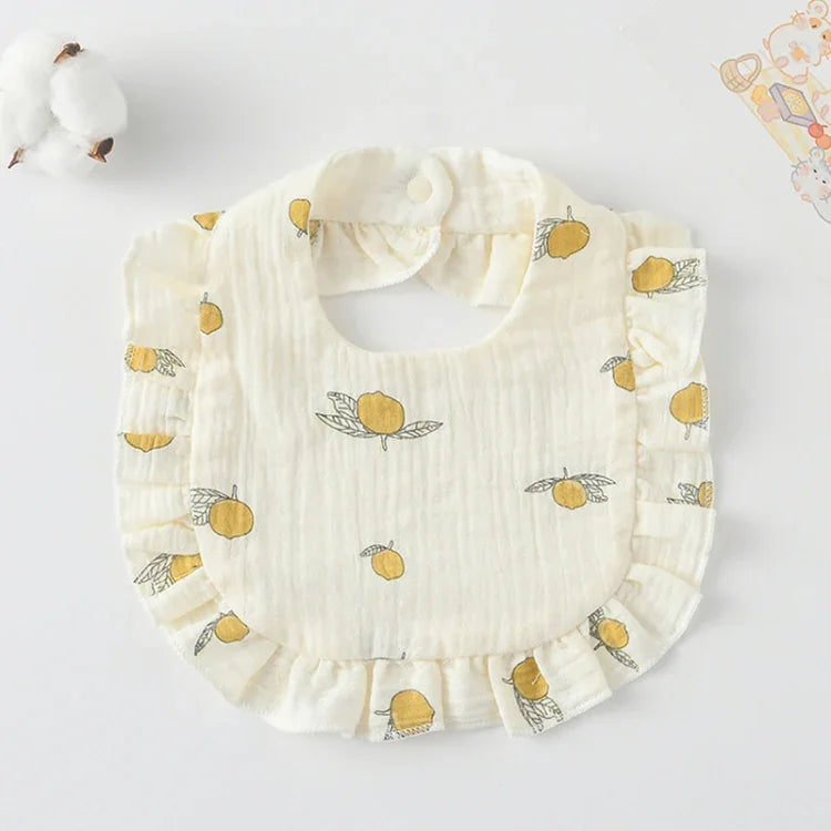 嬰兒餵食圍兜荷葉邊嬰幼兒口水巾柔軟棉質打嗝布，黃色檸檬，兔子，黃橙，桃心，蘑菇兔，葉果，小粉兔，愛心，荷蘭花，花卉，粉玫瑰，松鼠，彩虹，小老虎