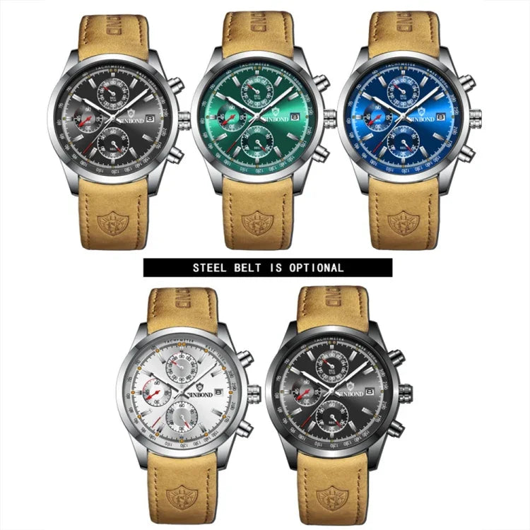 BINBOND B6022 30m Waterproof Luminous Multifunctional Quartz Watch, Leather-White Steel-Blue, Leather-White Steel-White, White Steel-White, Black Steel-Black, Black Steel-Blue