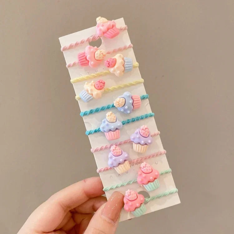 10件套兒童可愛髮圈嬰兒小號不易斷髮帶，花朵1、酪梨、水果與蔬菜、花朵2、彩色八瓣花、粉紅糖果、青蛙動物、冰淇淋、西瓜水果、透明雛菊、奶油色...