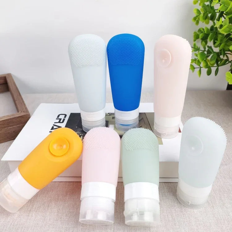 60ml Silicone Suction Cup With Brush Squeezed Bottle Portable Travel Storage Bottle, Blue, Green, Pink