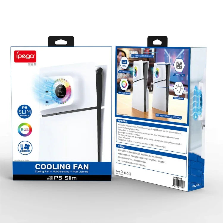 適用於 PS5 Slim ipega PG-P5S019 溫控散熱風扇面罩冷卻器 + 帶 RGB 燈的 USB 集線器，ipega PG-P5S019