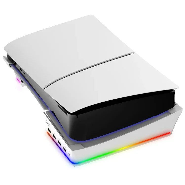 適用於 Sony PS5 Slim IPEGA PG-P5S021 RGB 燈主機橫置支架，帶 4 個 USB 集線器，白色