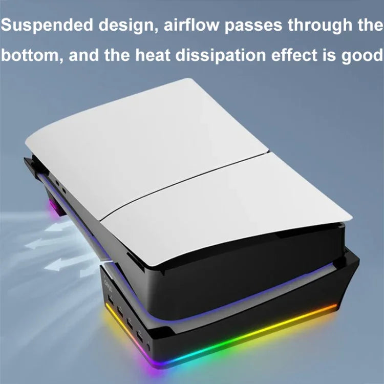 適用於 Sony PS5 Slim IPEGA PG-P5S021 RGB 燈主機橫置支架，帶 4 個 USB 集線器，白色