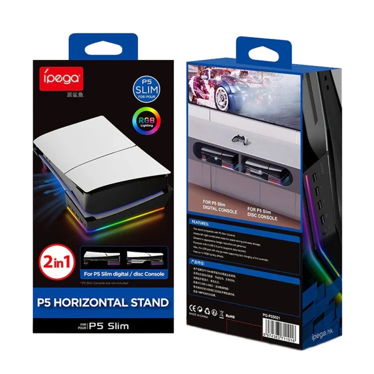 適用於 Sony PS5 Slim IPEGA PG-P5S021 RGB 燈主機橫置支架，帶 4 個 USB 集線器，白色