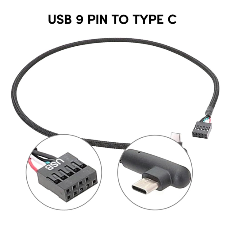主機板 USB 9針至 Type-C 彎頭數據線編織網線, 60cm 彎頭