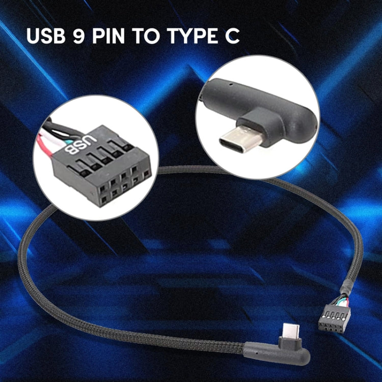 主機板 USB 9針至 Type-C 彎頭數據線編織網線, 60cm 彎頭