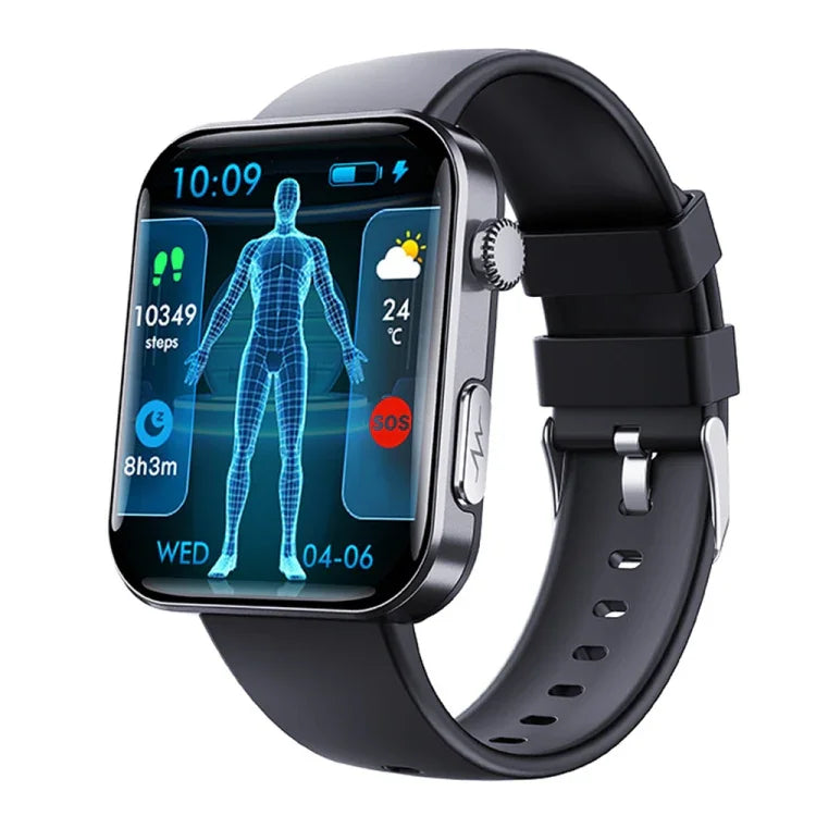 Smart watch with ECG and fitness tracking displaying steps and health metrics on a 2.1-inch screen, black silicone band.