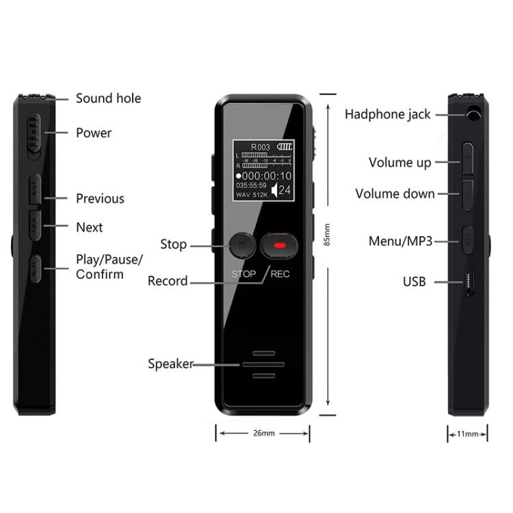0.9 吋 LCD 螢幕訪談迷你高清錄音筆 USB 充電 MP3 播放器，8GB，16GB，32GB，64GB
