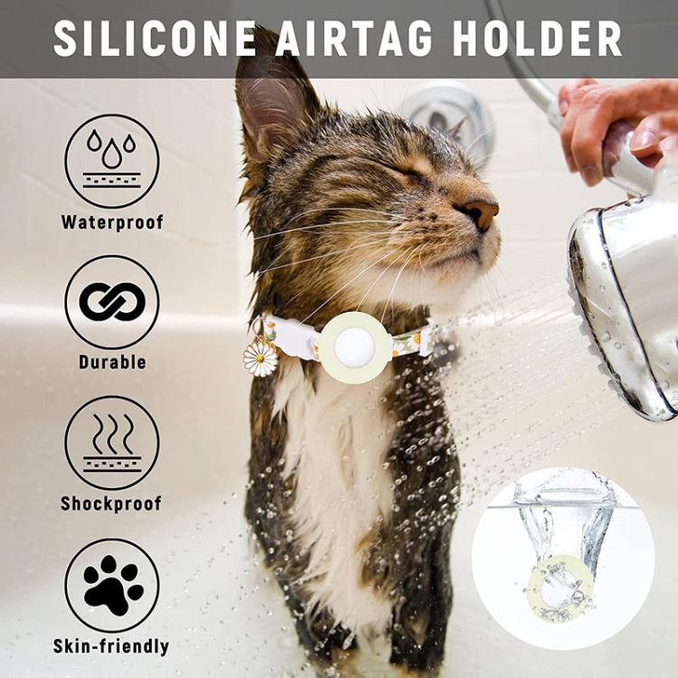 適用於 AirTag 第二代 / AirTag 第一代 追蹤器矽膠套 小雛菊寵物項圈 狗項圈附鈴鐺及前後保護膜