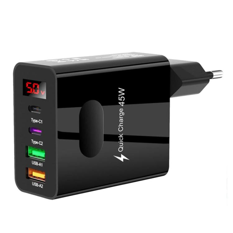 2 USB+2 Type-C 數字顯示手機多埠充電器，歐規插頭黑色，美規插頭黑色，英規插頭黑色，歐規插頭白色，美規插頭白色，英規插頭白色