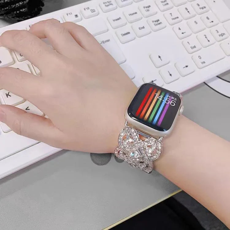花瓣金屬鑽石手環錶帶，適用於 Apple Watch Series 9 / 8 / 7 / 6 / SE / 5 / 4 / 3，1215 銀色，1202 銀色，1215 黑色，1202 黑色，1215 玫瑰金，1202 玫瑰金，1202 玫瑰金紅色，1215 金色