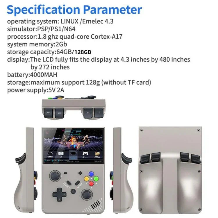 R43 Pro 手持遊戲主機 4K 高清 4.3 吋螢幕 家用便攜式電玩，半透明黑 64G，灰色 64G，半透明黑 128G，灰色 128G