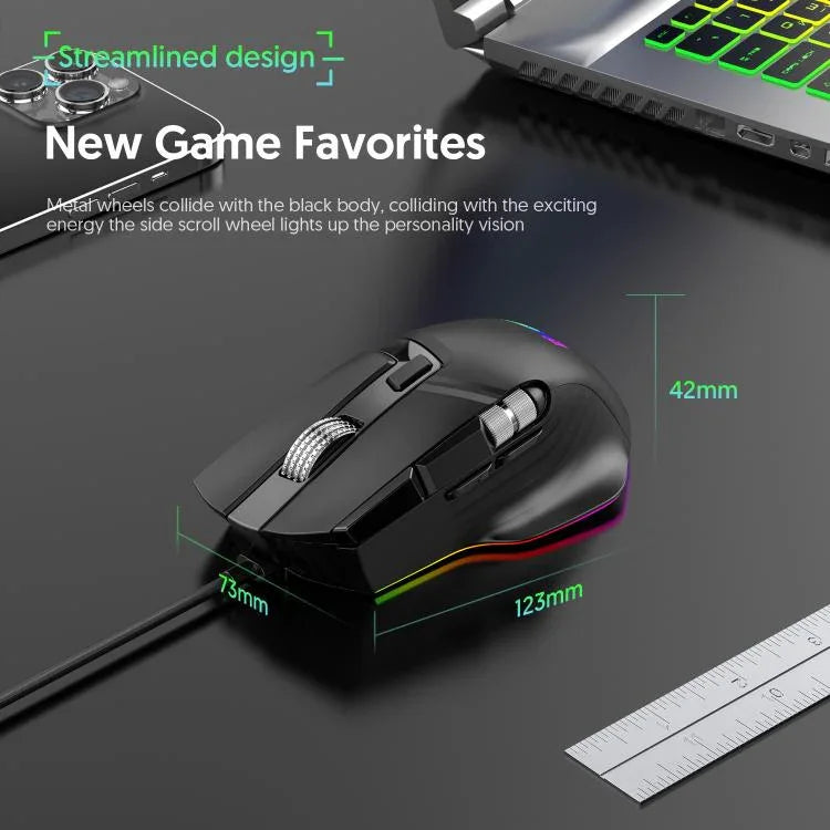 MKESPN X13 RGB 全速有線遊戲滑鼠 12400 DPI，10 鍵雙滾輪搖擺宏指令可編程滑鼠，X13