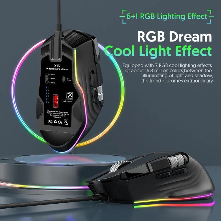 MKESPN X13 RGB 全速有線遊戲滑鼠 12400 DPI，10 鍵雙滾輪搖擺宏指令可編程滑鼠，X13