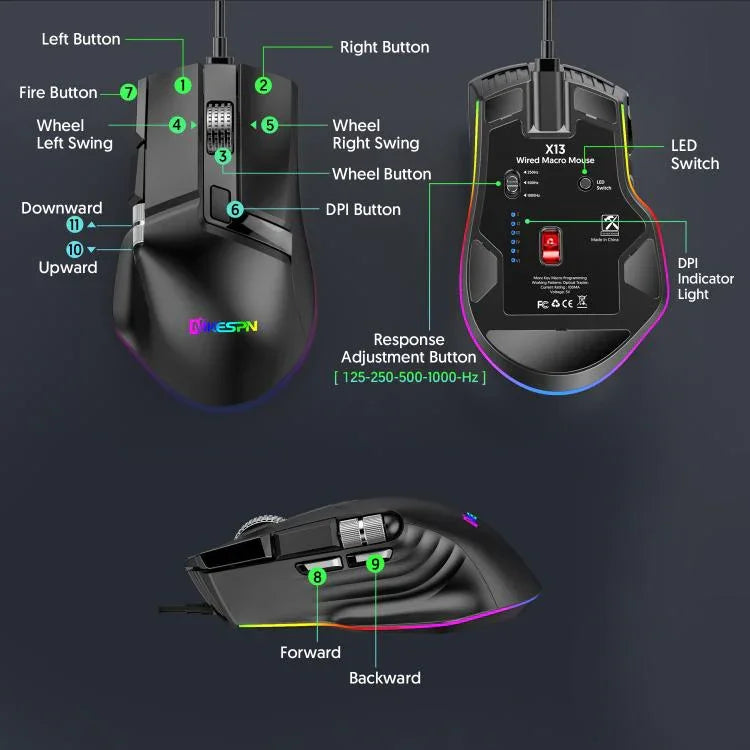 MKESPN X13 RGB 全速有線遊戲滑鼠 12400 DPI，10 鍵雙滾輪搖擺宏指令可編程滑鼠，X13