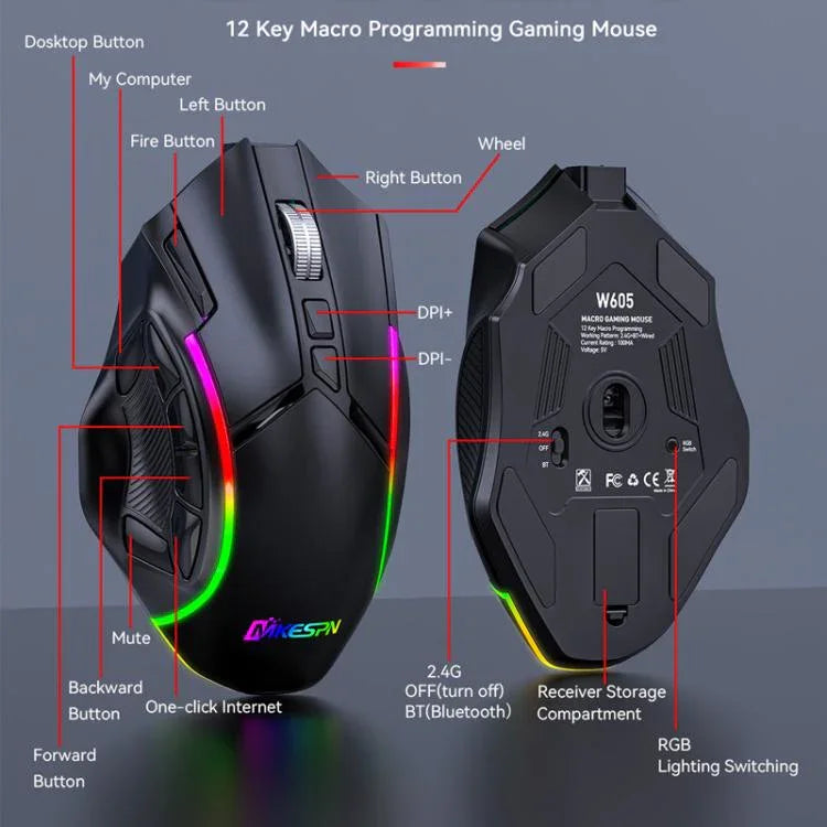 MKESPN W605 三模 24000 DPI 12 鍵無線遊戲滑鼠，宏指令自訂，W605