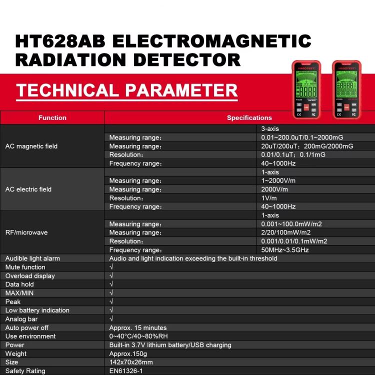 HABOTEST HT628B 多場電磁場測量儀 可充電電磁輻射測試儀，HT628B