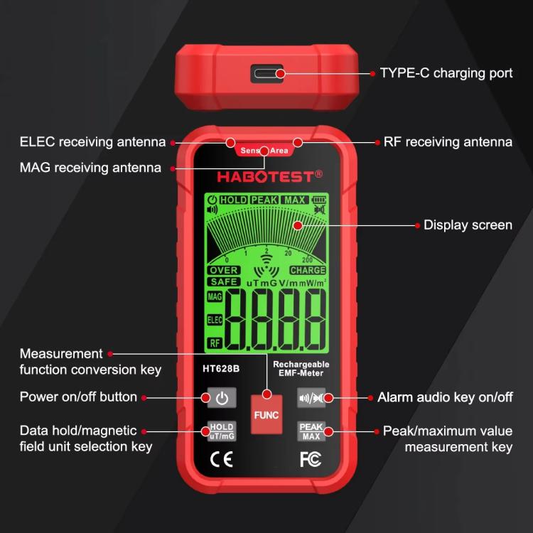HABOTEST HT628B 多場電磁場測量儀 可充電電磁輻射測試儀，HT628B