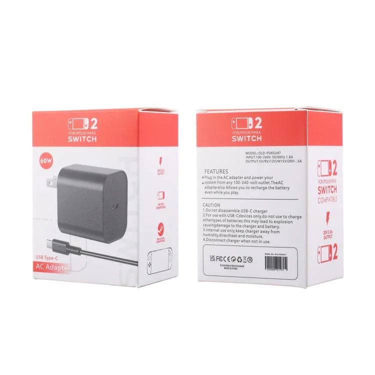 For Nintendo Switch 2 Fast Charger 60W Power Adapter Wall Plug With USB-C Cable, US Plug