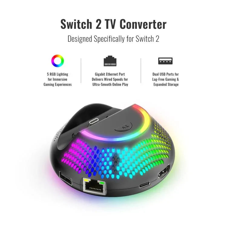 適用於 Nintendo Switch 2 的 JYS 4K 60Hz 電視底座 5 合 1 集線器，帶千兆以太網端口 RGB 環境燈，JYS