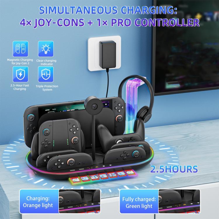適用於 Nintendo Switch 2 JYS NS2322 帶 RGB 燈光充電底座冷卻充電收納一體底座