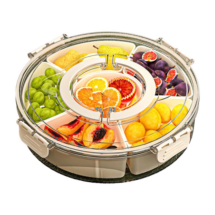 360度旋轉6格零食盤 帶手柄和密封蓋 – 圓形便攜食品儲存容器，適合水果、堅果、糖果，6格