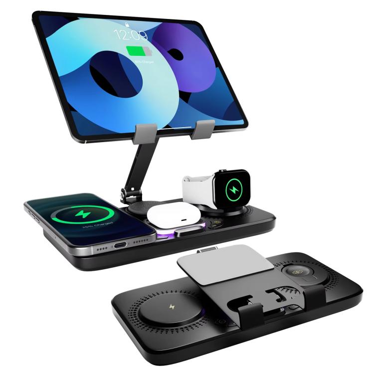 四合一快速無線充電站 適用手機／平板／Apple Watch／AirPods 磁吸摺疊支架附時鐘顯示及酷炫燈效