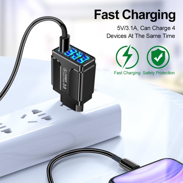 5.1A QC3.0 快速充電 4USB 埠手機充電器，歐規插頭，美規插頭，英規插頭