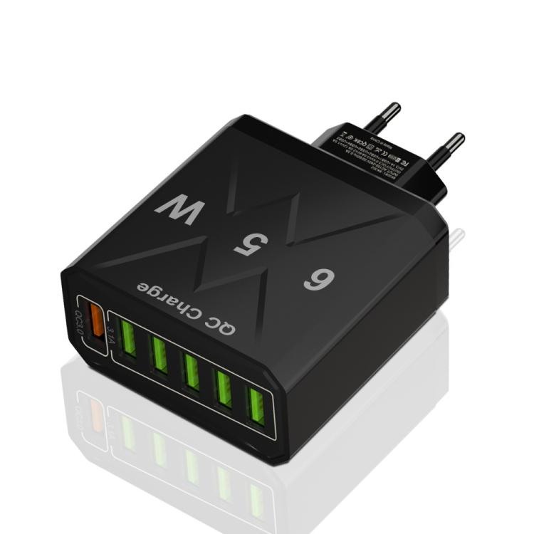 65W 6USB 埠 QC3.0 快速充電手機充電器，歐規插頭（黑色）、歐規插頭（白色）、美規插頭（黑色）、美規插頭（白色）、英規插頭（黑色）、英規插頭（白色）