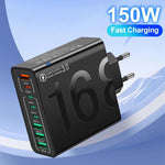 150W 4USB+4Type-C 8介面 QC3.0 快速充電手機充電器，歐規插頭（黑色）、歐規插頭（白色）、歐規插頭（黃色）、美規插頭（黑色）、美規插頭（白色）、美規插頭（黃色）、英規插頭（黑色）、英規插頭（白色）、英規插頭（黃色）