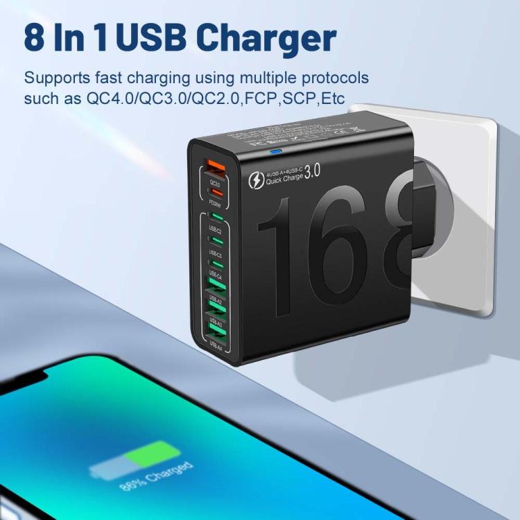 150W 4USB+4Type-C 8介面 QC3.0 快速充電手機充電器，歐規插頭（黑色）、歐規插頭（白色）、歐規插頭（黃色）、美規插頭（黑色）、美規插頭（白色）、美規插頭（黃色）、英規插頭（黑色）、英規插頭（白色）、英規插頭（黃色）