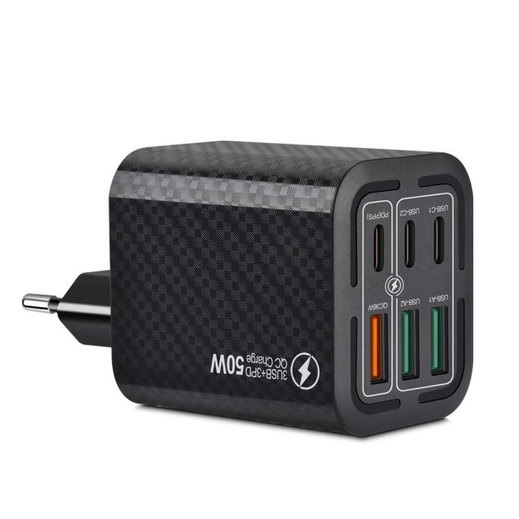 50W 3USB+3Type-C 6埠快速充電手機充電器，歐規插頭（黑色）、歐規插頭（白色）、歐規插頭（黃色）、美規插頭（黑色）、美規插頭（白色）、美規插頭（黃色）、英規插頭（黑色）、英規插頭（白色）、英規插頭（黃色）