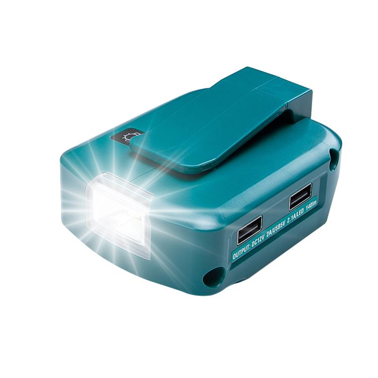 適用牧田 14.4V/18V 鋰電池轉接器附 LED 照明，雙 USB + DC