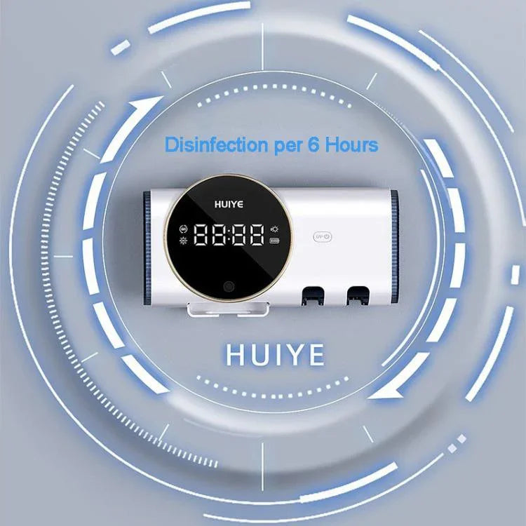 HUIYE 紫外線牙刷及刮鬍刀消毒烘乾盒，帶 LCD 顯示，壁掛免鑽孔電動牙刷消毒器