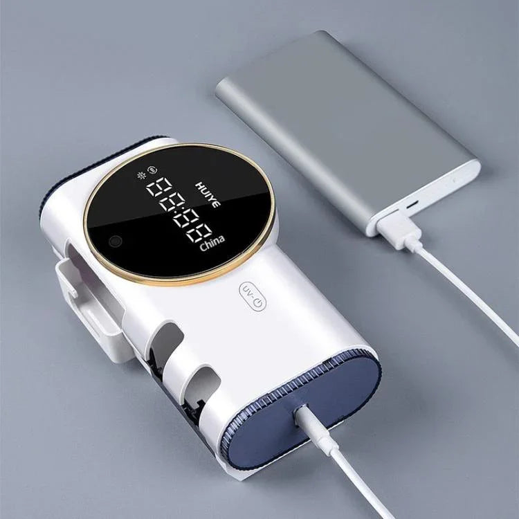 HUIYE 紫外線牙刷及刮鬍刀消毒烘乾盒，帶 LCD 顯示，壁掛免鑽孔電動牙刷消毒器