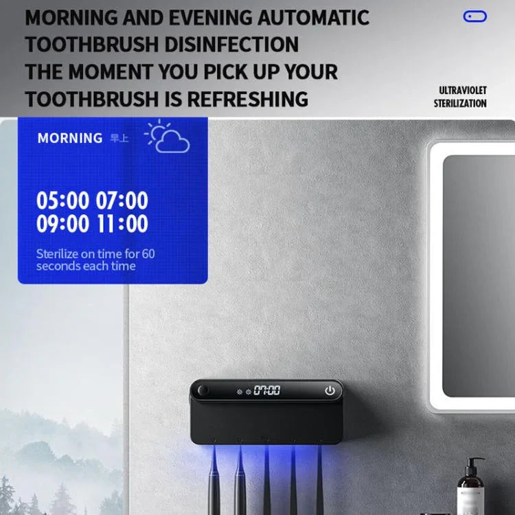 智能紫外線牙刷消毒烘乾機，具人體感應、時間顯示、USB-C 快速充電，免鑽孔壁掛架